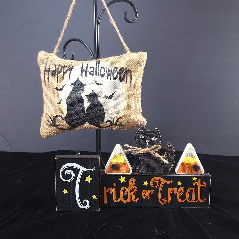 2-Piece Rustic Halloween Decor Black Cats Candy Corn Burlap Wood Sign Cute
